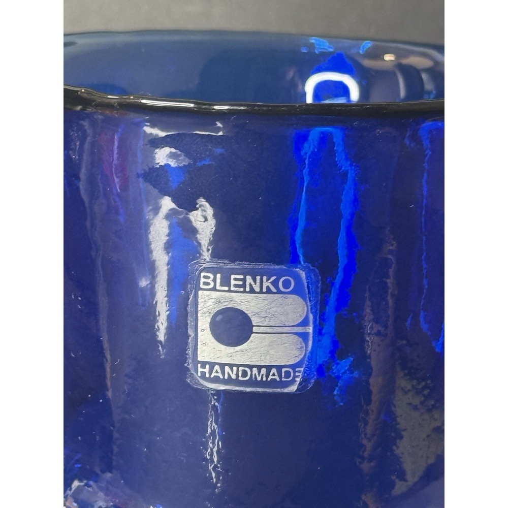 VTG Blenko Glass 384 Cobalt Blue Double Spout Water Bottle Pitcher Foil Label - Picture 2 of 13